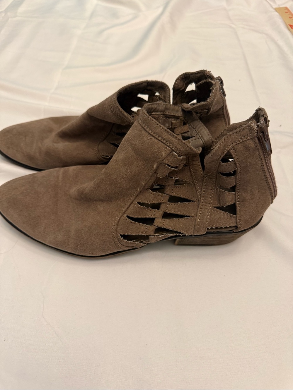 BAMBOO Taupe Cutout Suede Ankle Booties with Back Zip